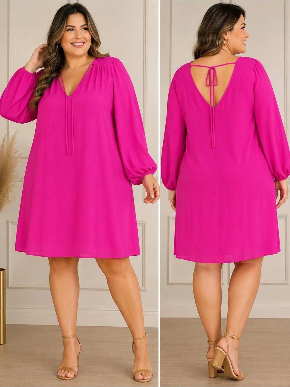 Hot pink straight-cut dress with long, open sleeves and a V-neck.
